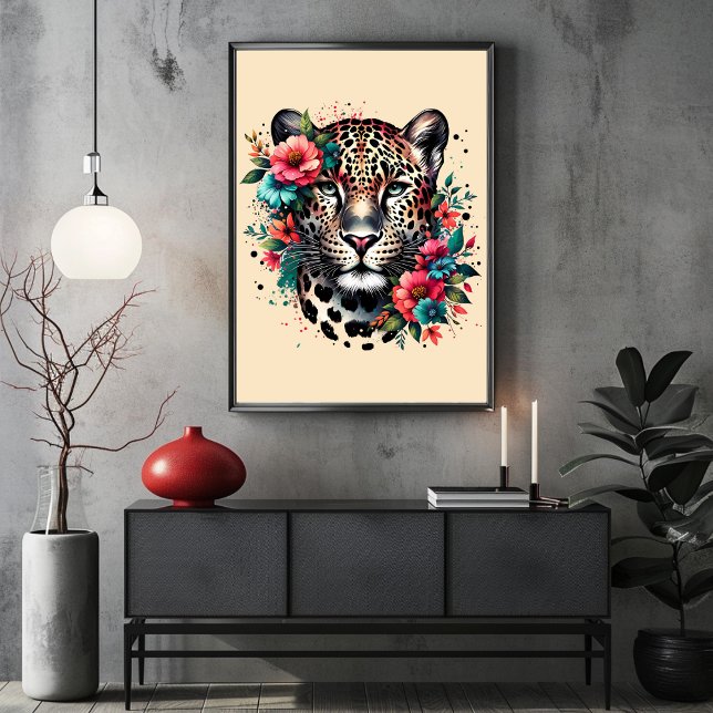 Leopardo e Flores na Poster de Aquarela Estonteant (Leopard and Flowers in Stunning Watercolor Poster)