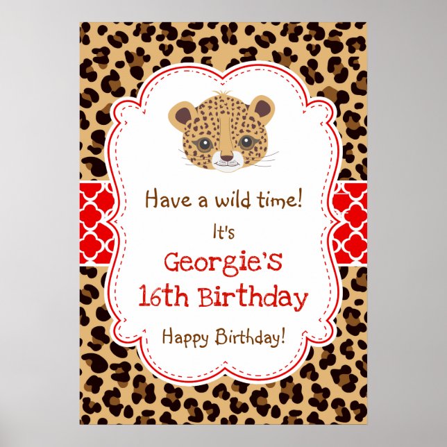 Leopardo Imprime Quatrefoil Aniversário Poster Ver (Frente)