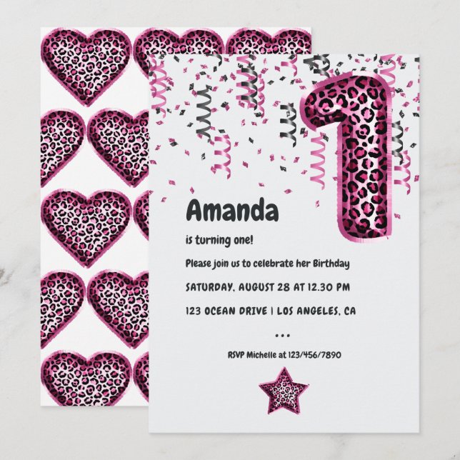 Leopardo Rosa Balão 1rua Xmas Convite de Aniversár (Frente/Verso)