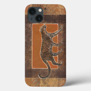 Leopardo sobre fundo laranja e castanho