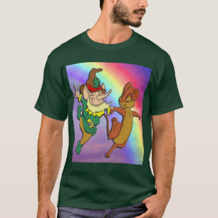 Leprechaun e Mouse dançando com o Rainbow T-Shirt