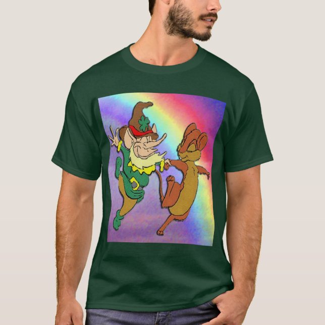 Leprechaun e Mouse dançando com o Rainbow T-Shirt (Frente)