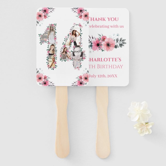 Leque 14 Aniversário Foto Collage Pink Girl Flor White (Frente e Verso)