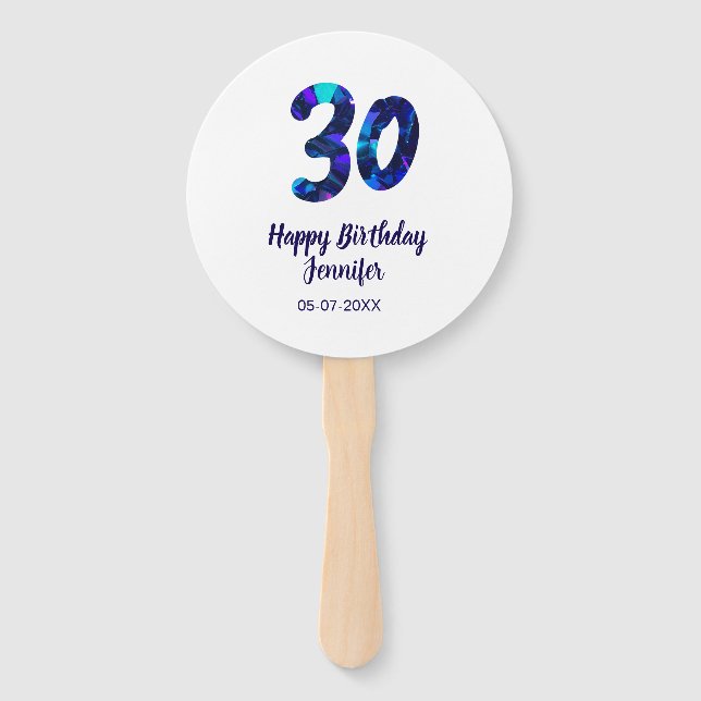 Leque 30th birthday add name date year blue sparkle  (Frente)