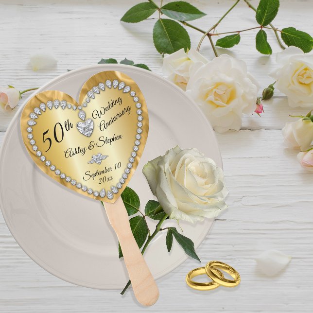 Leque 50º Aniversário do Dourado Diamantes (50th Wedding Anniversary Gold Tone and Faux Diamonds Hand Fan)