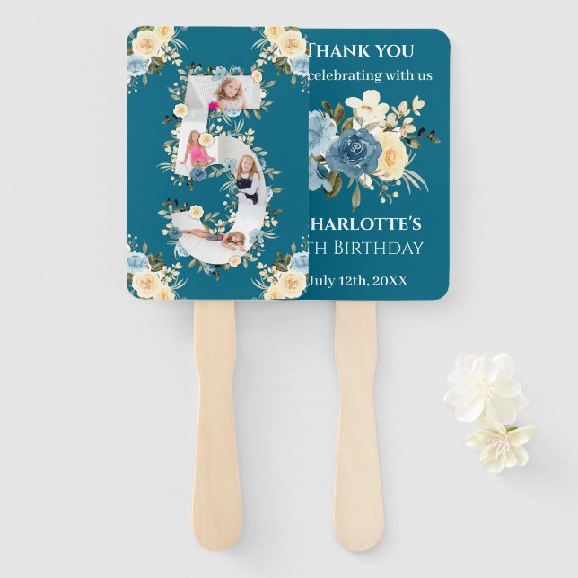 Leque 5 de Colagem de Fotografias Teais Aniversário Flor (Frente e Verso)