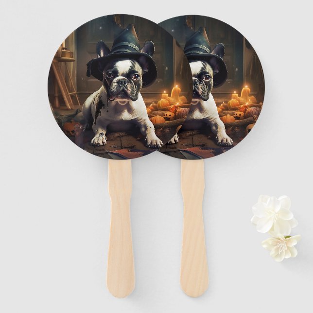 Leque Abóboras Assustadoras de Halloween do Bulldog Fran (Frente e Verso)