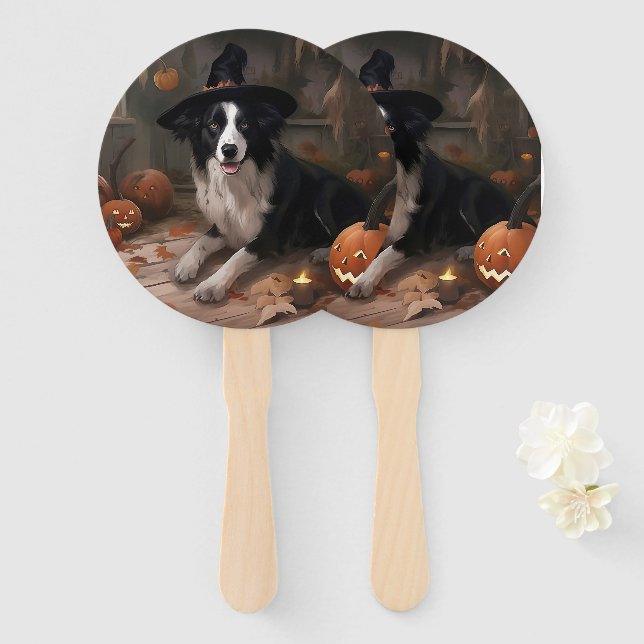Leque Abóboras Border Collie Dia das Bruxas Assustador (Frente e Verso)