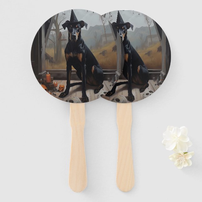 Leque Abóboras Doberman de Halloween Assustadoras (Frente e Verso)