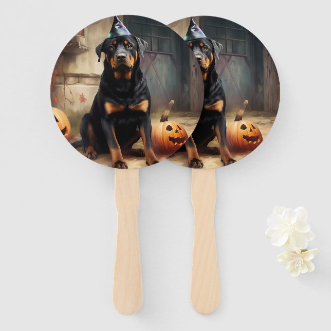 Leque Abóboras Rottweiler Dia das Bruxas Assustador (Frente e Verso)