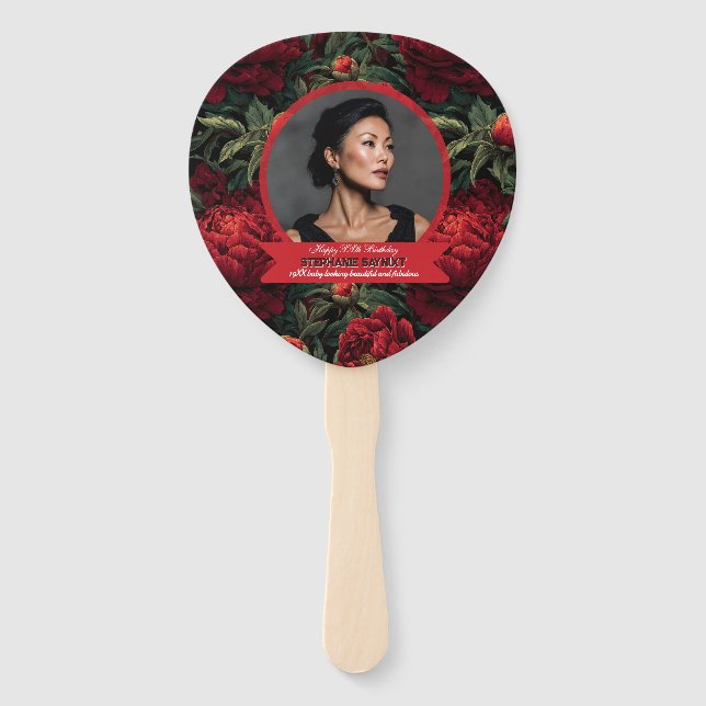 Leque Acento de Flor de Peônia Botânica de Aniversário  (Verso)