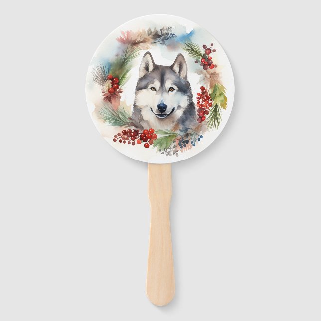 Leque Alaskan Malamute, Festivo Wreath Christmas Pup (Verso)