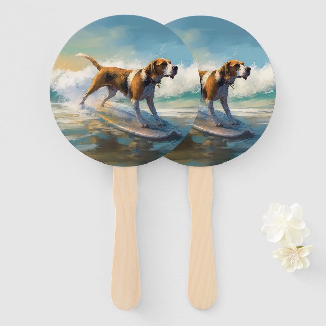 Leque American Engligh Foxhound Beach Surfing Painting (Frente e Verso)