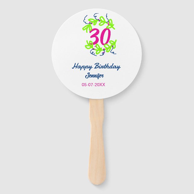 Leque aniversário de 30 anos verde azul wreath name date (Frente)