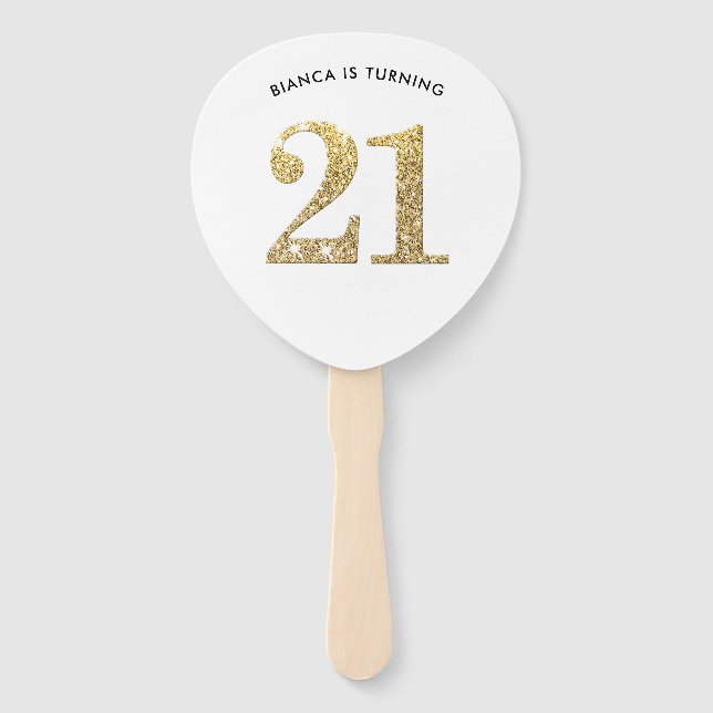 Leque ANIVERSÁRIO FAN na moda de ouro moderno brilho 21  (Frente)