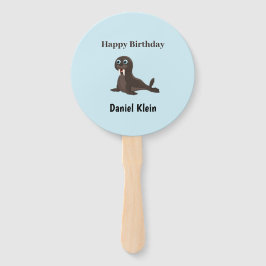 Leque Aniversário personalizado foca cinza azul fofo