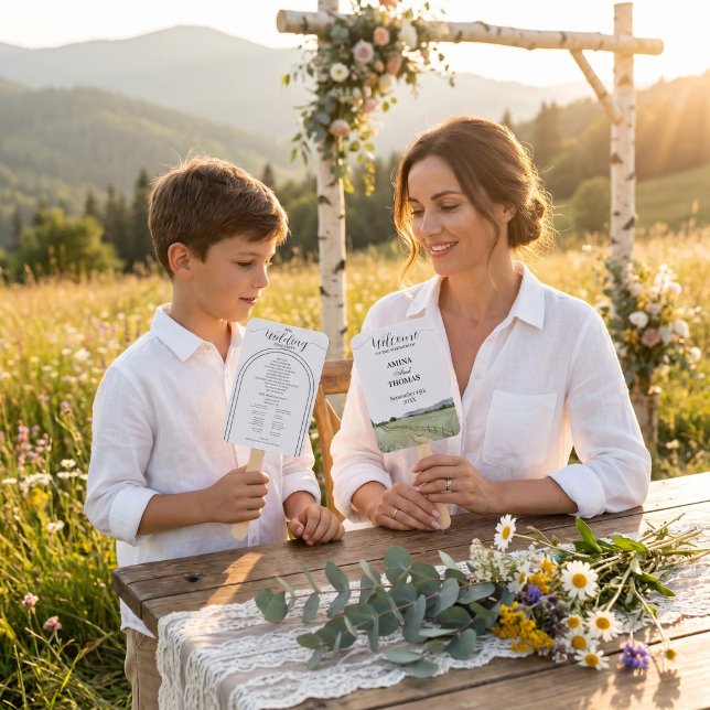 Leque Arco de casamento boêmio com flores silvestres em  (Watercolor Mountain Wildflower Boho Arch Wedding Program Fan)