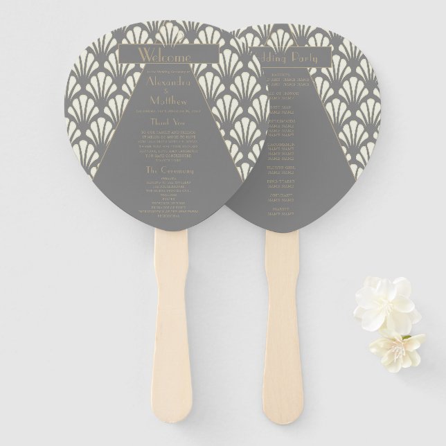 Leque Art Deco Wedes Cinza Roaring Twenties Vintage (Frente e Verso)