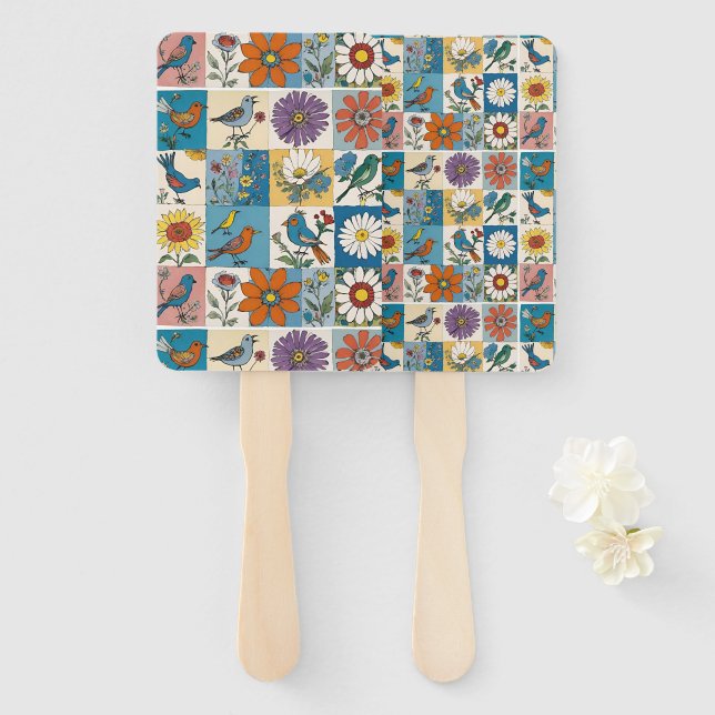 Leque Arte Folclórica Hippie Floral com Aves em Patchwor (Frente e Verso)