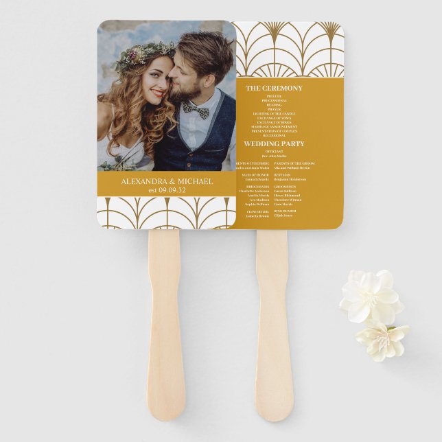 Leque Arte Geométrica Deco Dourado Casamento Gatsby Bran (Frente e Verso)