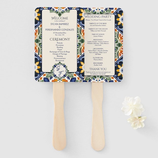 Leque Azulejo azul Talavera do México (Frente e Verso)