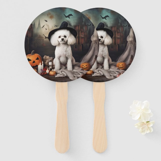 Leque Bichon Frise Abóboras Halloween Assustador (Frente e Verso)