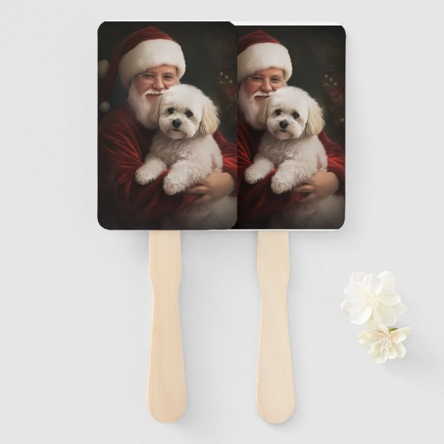 Leque Bichon Frise com Papai Noel Natal Festivo (Frente e Verso)