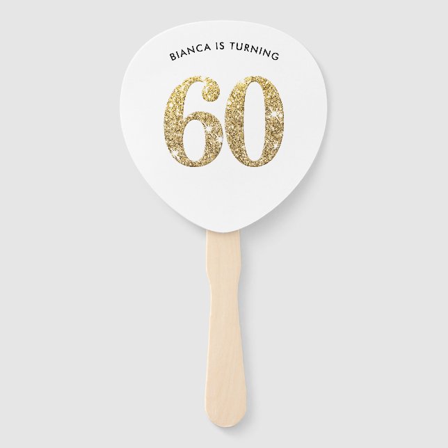 Leque BIRTHDAY FAN moderno glitter de ouro na moda, 60º (Frente)