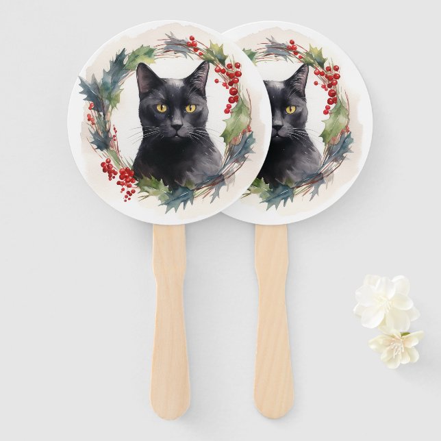 Leque Black Cat Wreath Festivo Kitten (Frente e Verso)