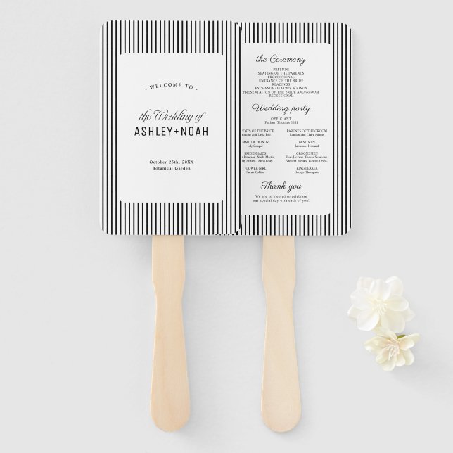 Leque Black Striped Elegance Classy Wedding Program (Frente e Verso)