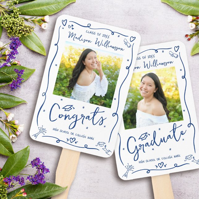 Leque Blue Hand Drawn Doodle Graduation 2 Photo White (Criador carregado)