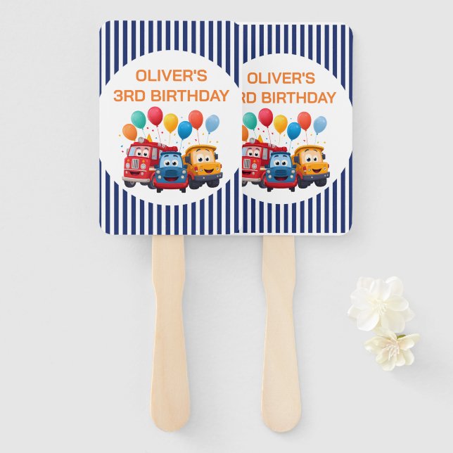 Leque Blue Striped Truck Birthday Theme Set of Fans (Frente e Verso)