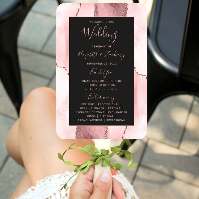 Leque Blush Pink Rose Gold Agate Dark Wedding Program (Criador carregado)