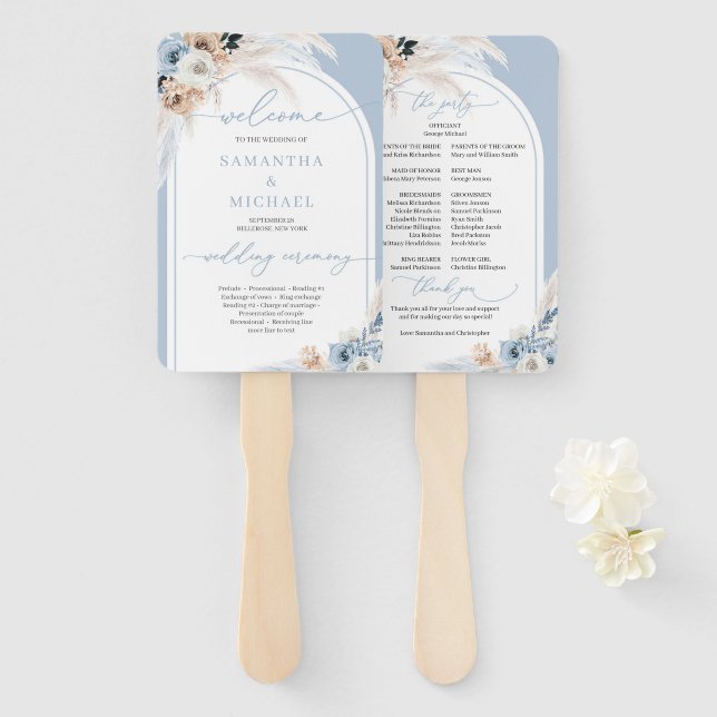 Leque Boho aquarela azul e crosta floral (Frente e Verso)