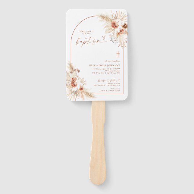 Leque Boho Baptism Hand Fan, Pampas Grass Christening (Frente)