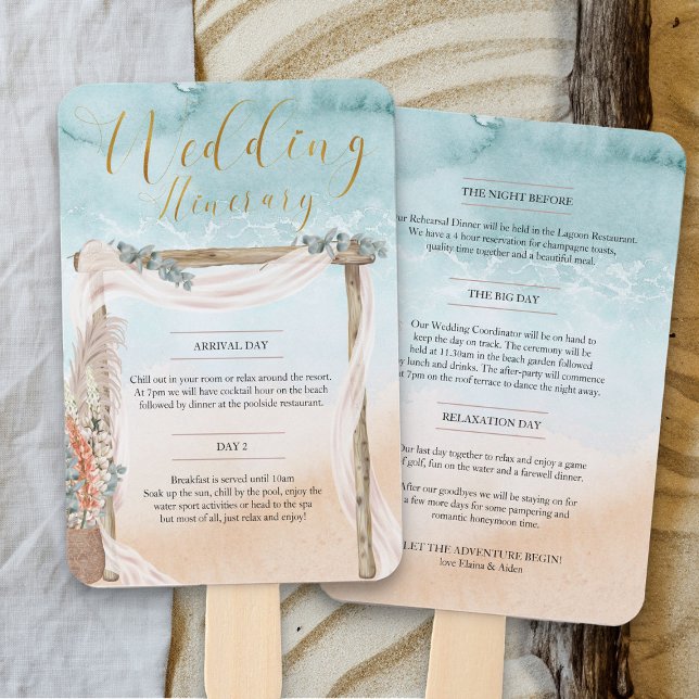 Leque Boho Beach Arbor Ocean Weding Itinerário (Beach destination wedding itinerary hand fans with boho wedding arbour - Boho Beach Collection)