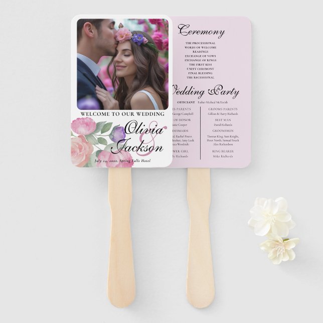 Leque Boho Blush Floral Wedding Program Hand Fan (Frente e Verso)