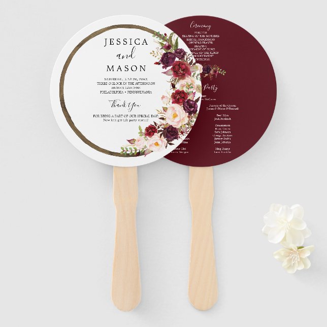 Leque Boho Burgundy Marsala Wedding Fan Program (Frente e Verso)