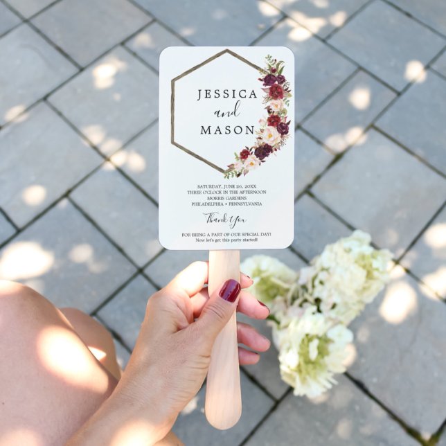 Leque Boho Burgundy Marsala Wedding Fan Program (Criador carregado)