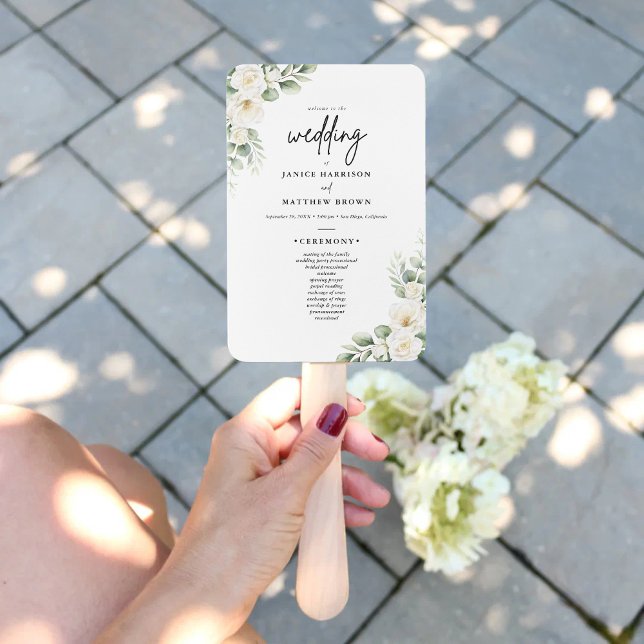 Leque Boho Eucalyptus Greenery Wedding Ceremony Program  (Boho eucalyptus greenery program fan keeps guests cool while adding fresh personalized wedding charm)