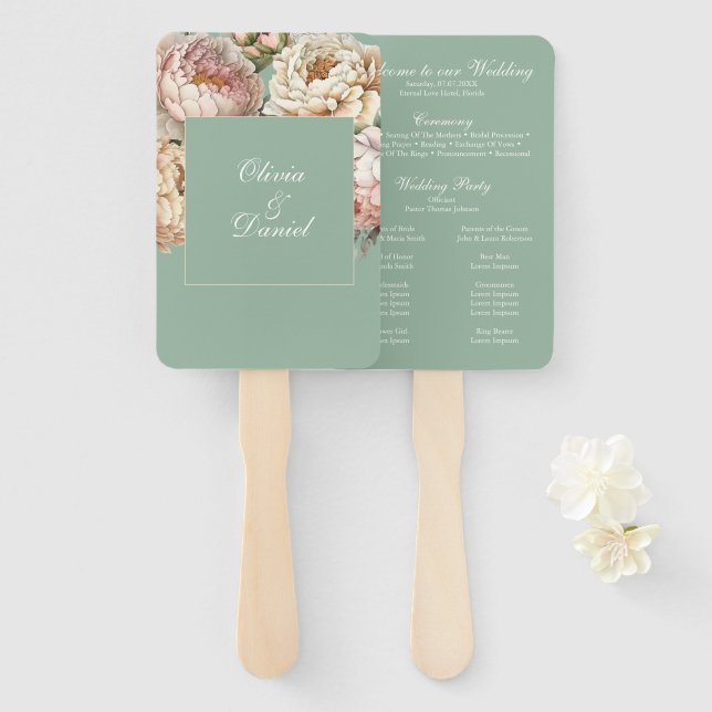 Leque Boho Pastel Sage & Blush Peonies Weding Program (Frente e Verso)