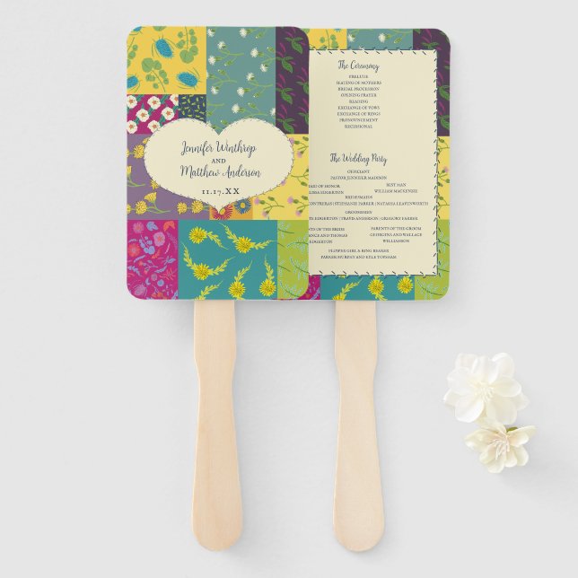 Leque Boho Patchwork Quilt Maximalist Wedding Program (Frente e Verso)