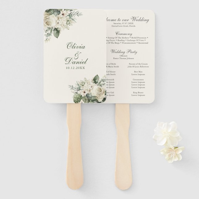 Leque Boho Sage Green and Ivory Flowers Weders Program (Frente e Verso)