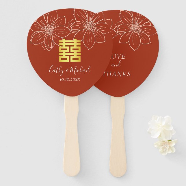 Leque Boho vermelho moderno floral casamento chinês (Frente e Verso)