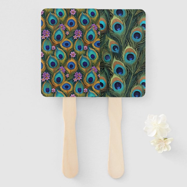 Leque Boho Vibrantes Penas de Pavão Florais (Frente e Verso)