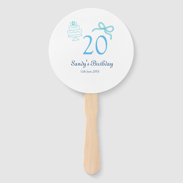 Leque Bolo de 20º aniversário com laço azul nome data pa (Frente)