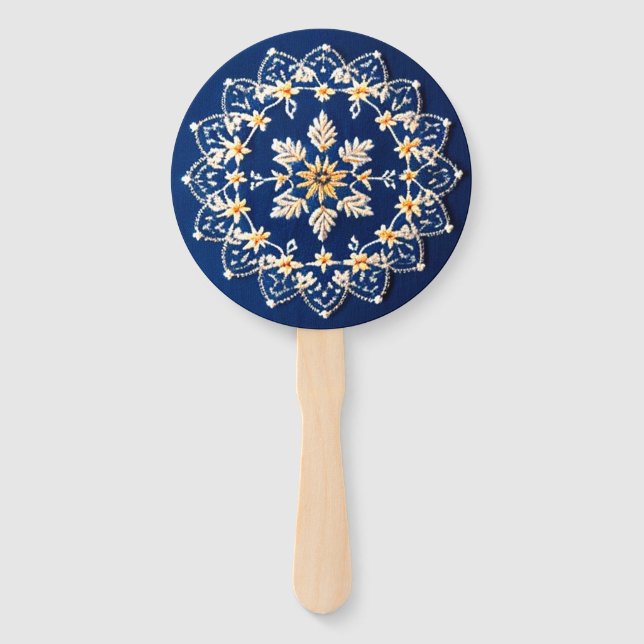 Leque Bonito Bordado com Ventiladores de Mão Azul (Frente)
