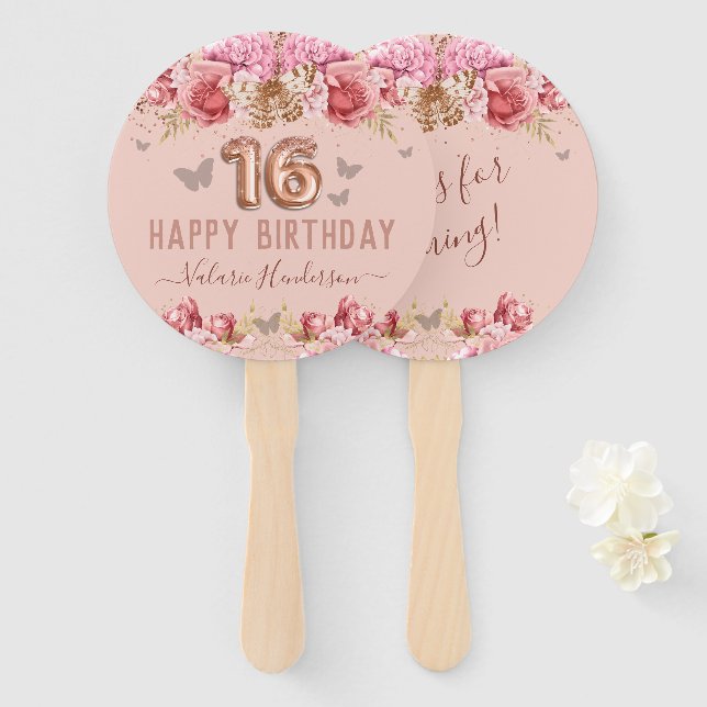 Leque Borboletas Floral Rosa Feliz 16º Aniversário (Frente e Verso)