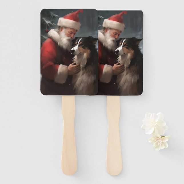 Leque Border Collie Com Papai Noel Natal Festivo (Frente e Verso)