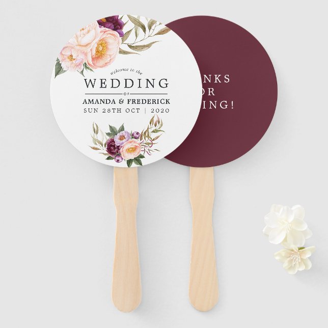 Leque Borgonha - Favor de casamento floral de Marsala e  (Frente e Verso)